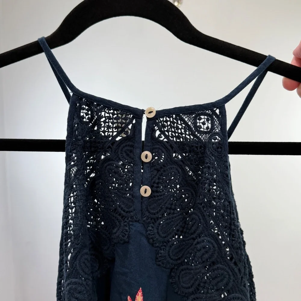 Free People Intimately Navy Paisley Crochet Lace Halter Mini Dress Size M